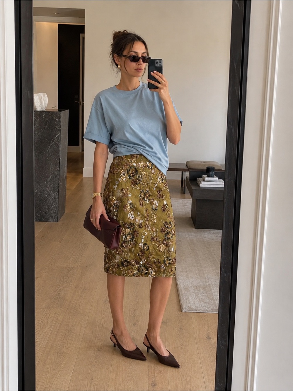 Miss Me Olive Green Floral Sequin Embroidered Midi Pencil Skirt XS/S